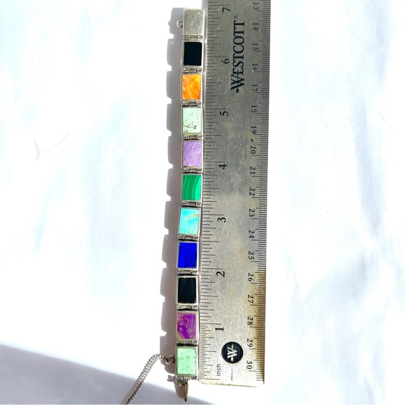 Vintage Taxco Sterling Silver Multiple Gemstone Rect. Panel Bracelet Reversible - Picture 5 of 17